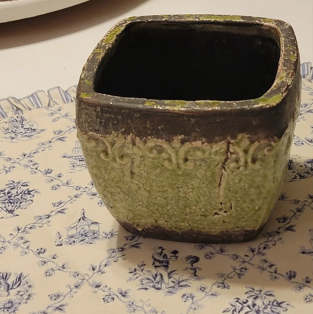 MCM Brown Green Chippy Crackle Pottery 5x5 Hand Thrown Artisian Planter Vase